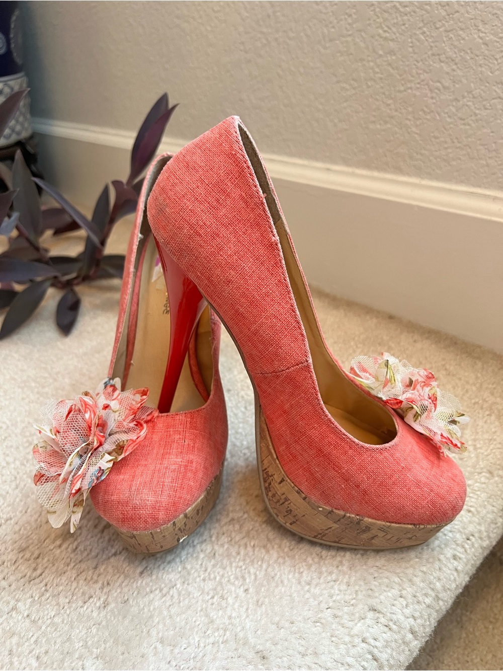 Women's Coral Peach Platform Pumps with Floral Accent 8 Feminine Sexy Gorgeous